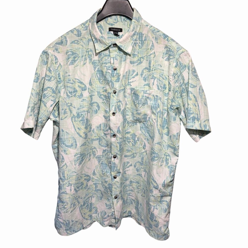 Van Heusen Men’s XL T 17.5-18 Leaf Print Shirt Short Sleeve Button Down Preppy